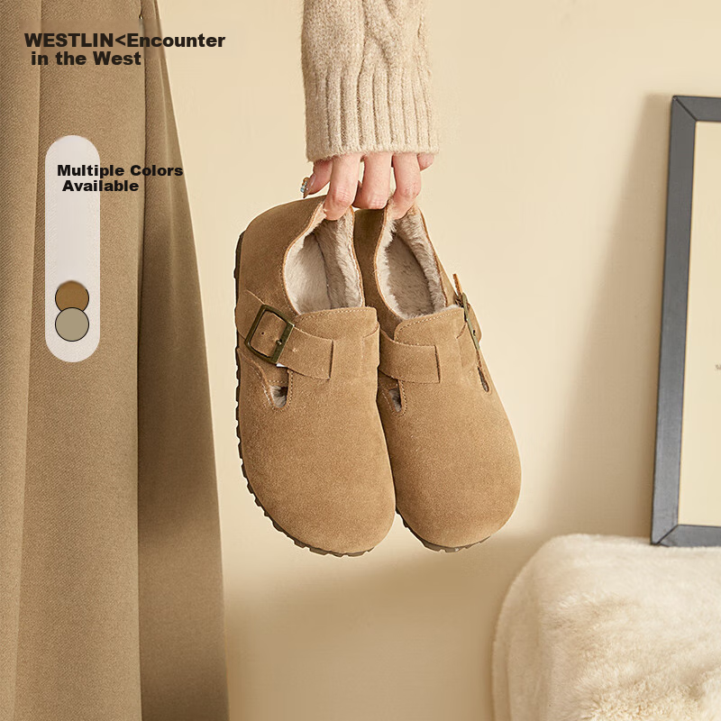 Westlink All-Wool Birkenstock-Style Women's Fleece-Lined Shoes, New Winter 2024 Soft-Soled Cotton Shoes, Warm Slip-On Fluffy Shoes, Brown, Size 35