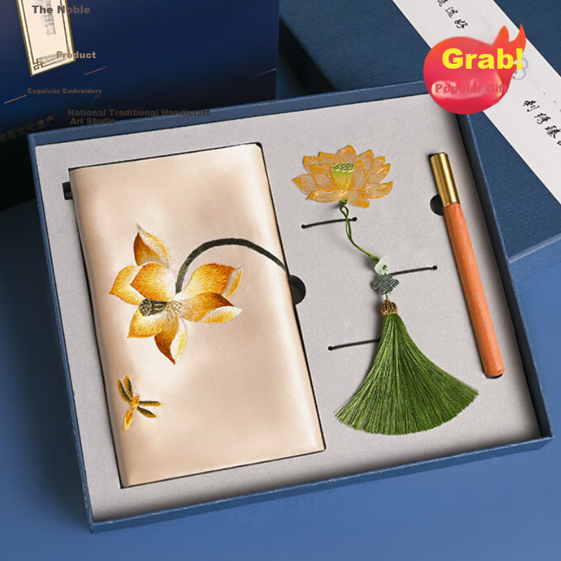 Hangsilu Suzhou Embroidery Silk Scarf, Bookmark + Pen Set, Mulberry Silk Birthday Gift, Mid-Autumn Festival Gift for Mom And Elders, High-End