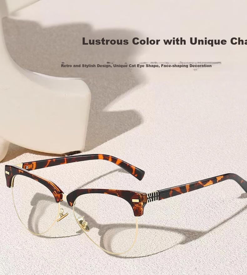 Boshide Myopia Glasses, Anti-Blue Light Glasses, Korean Retro Semi-Rimless Cat Eye Plain Lens Glasses, Douhua Frame 100 Degrees 1