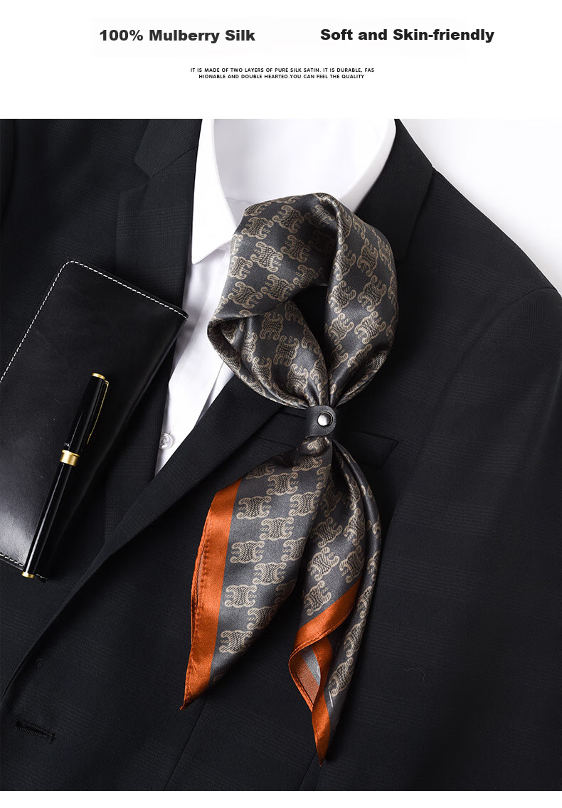 Hangsifu Silk Scarf, Neck Protection Mulberry Silk Small Square Scarf, Business Necktie, Birthday And Holiday Gift for Dad Or Husband, Gray-Orange 7