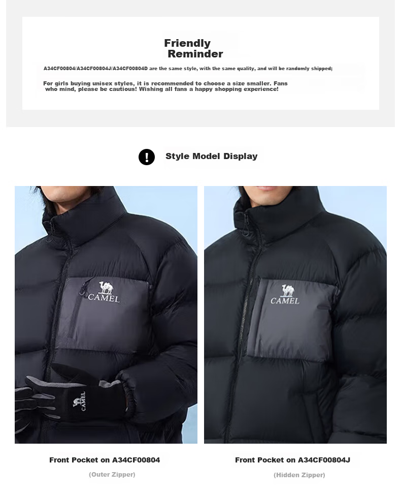 CAMEL Winter Outdoor down Jacket for Men And Women, Couples Style, Water-Repellent, Thickened, Warm Puffer Coat A34CF00804B 1