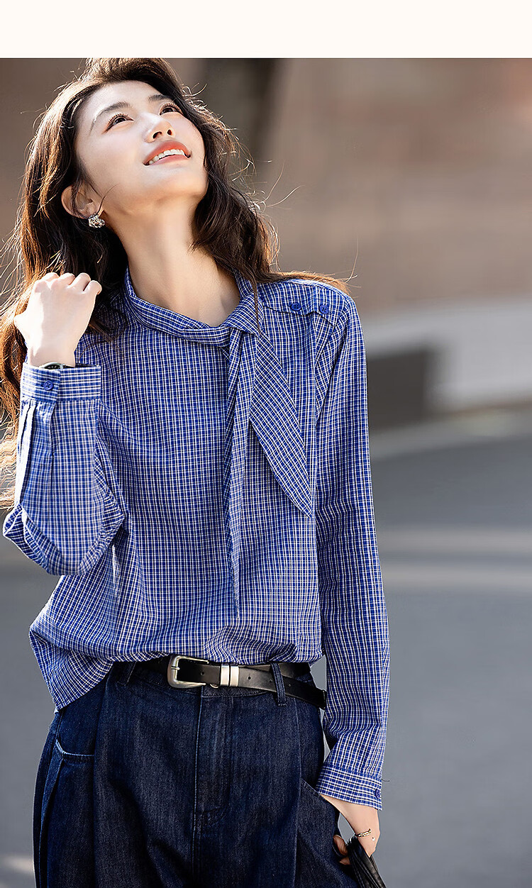 Dme [Pure Cotton Plaid] Autumn Literary Vintage Plaid Shirt with Tie Collar, Petite Elegant Blouse Women's Top 11