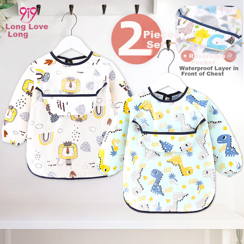 9I9 Baby Eating Smock, Waterproof Long-Sleeve Infant Apron, Kindergarten Drawing Reverse Wear, Anti-Dirt, 2-Piece Set, A123