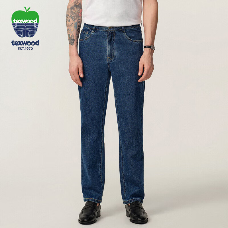 Texwood, De Shi Huo Apple, Standard Straight Leg, Business Commute Stone-Ground Washed Cotton Men's Jeans, Blue, Size 32