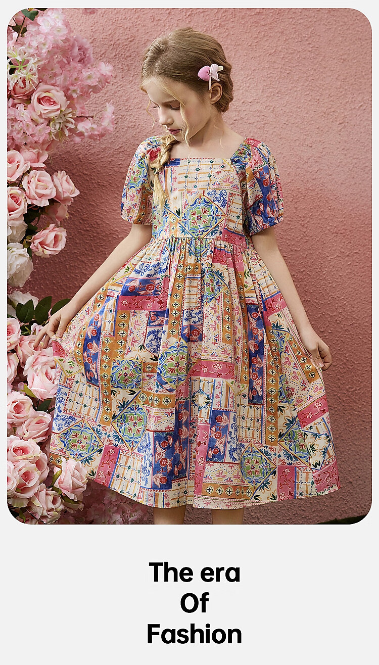ASK JUNIOR Children's Dress, Summer Outing Breathable Girls' Contrasting Color Short-Sleeve Puff Sleeve Dress, Princess Dress 6