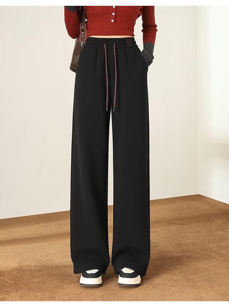 DME Fleece-Lined Thick Warm Slim-Fit Wide-Leg High-End Flattering Loose Elastic Waist Trousers, Black, XL 16