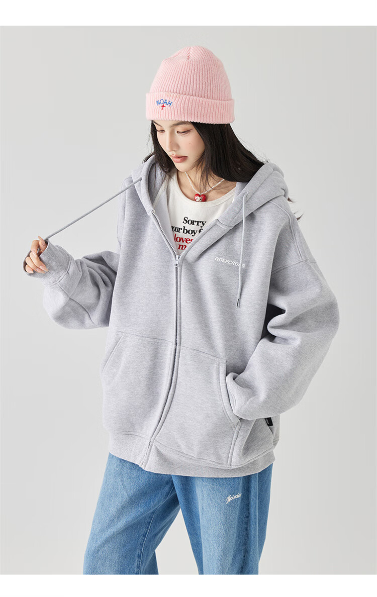GOLFCROSS Couple's Style, 2025 Spring New Arrival, Letter Embroidery Hooded Drawstring Cardigan Sweatshirt, Floral Gray, M 13