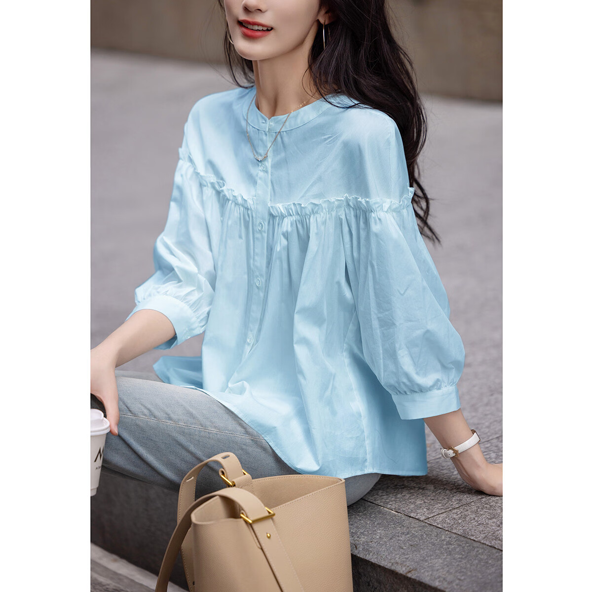 Dme [Gentle Trailer] Spring And Summer French Pure Cotton Pleated Wrinkled Shirt with Ruffle Collar And Puff Sleeves Women's Blouse Top
