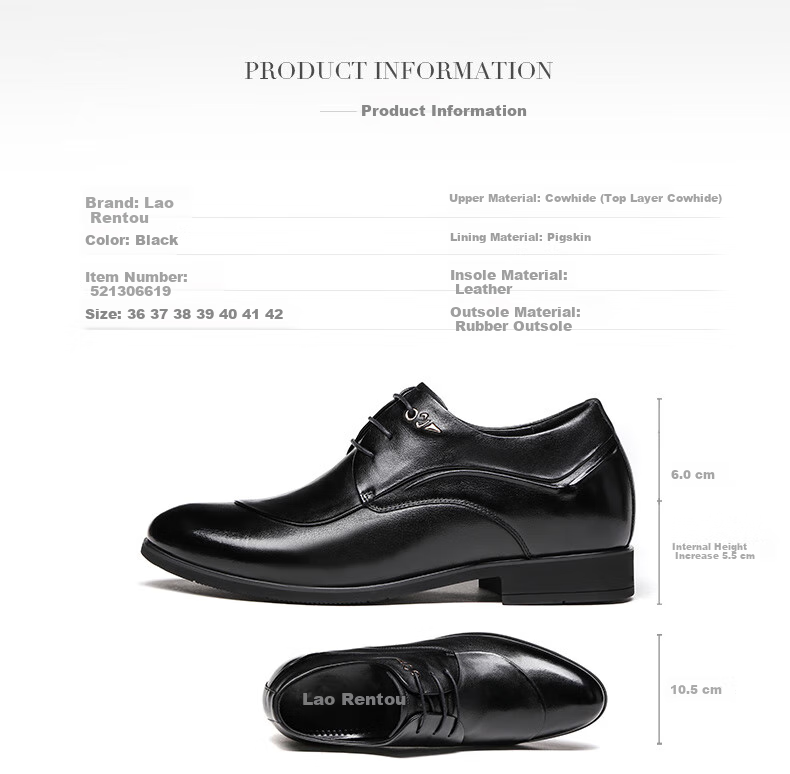 LAORENTOU Men's Leather Shoes, Business Formal Shoes, Invisible Height-Increasing, Small Size, Embossed Men's Leather Shoes, 521306619, Black, Size 36 4