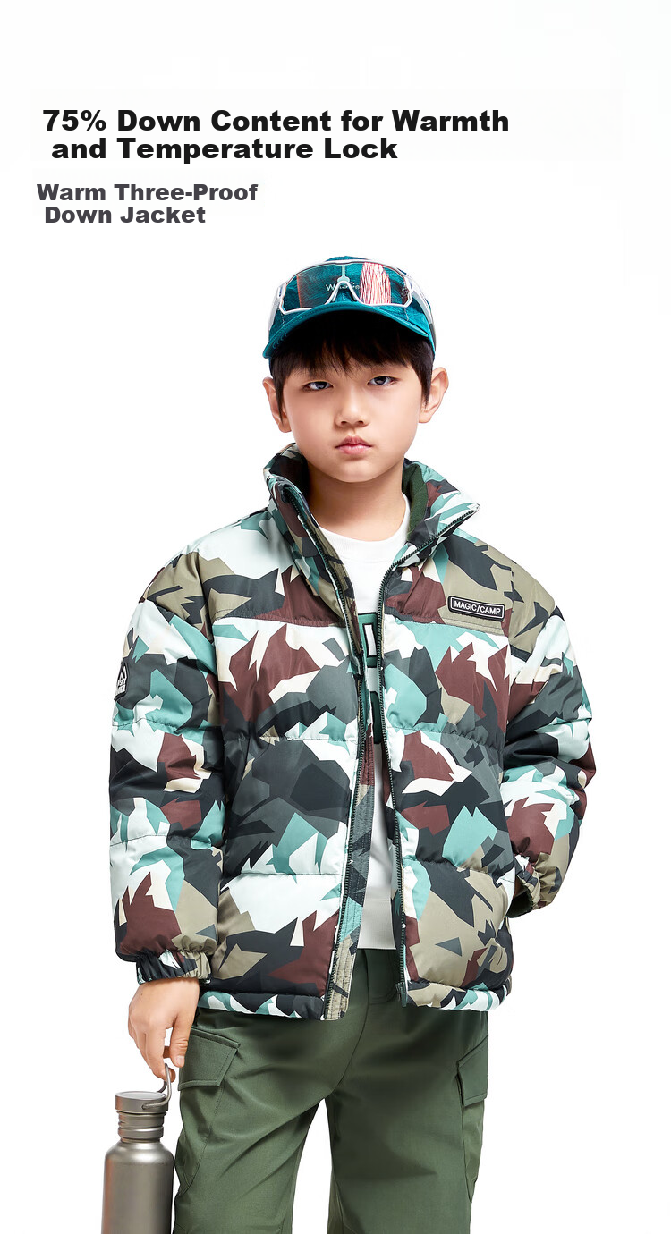 Annil Boys' Short down Jacket, 2024 Winter New Camouflage Warm Coat with Triple Protection, Khaki Floral Pattern, Size 110 1