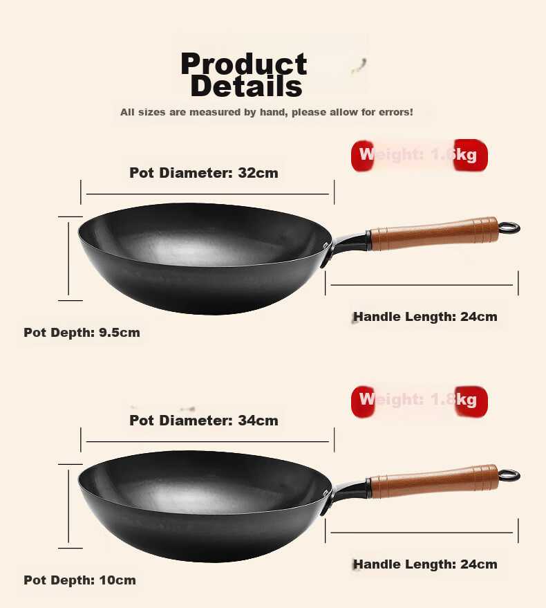 Jitiechui Iron Wok Pan, Non-Stick Cooking Pan, Hand-Forged, No Coating, Traditional Cast Iron Pan for Gas Stove, 32cm 22