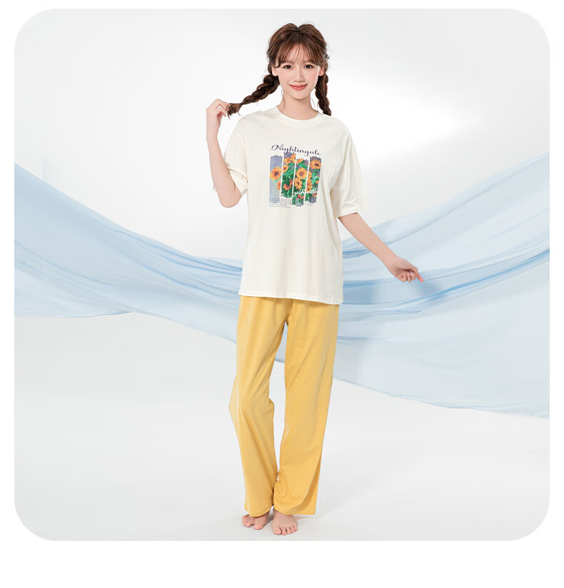 Inbolun Girls Summer Thin Short Sleeve Pajama Set for Older Children, High School Students, Homewear 20960 Off-White 175 20