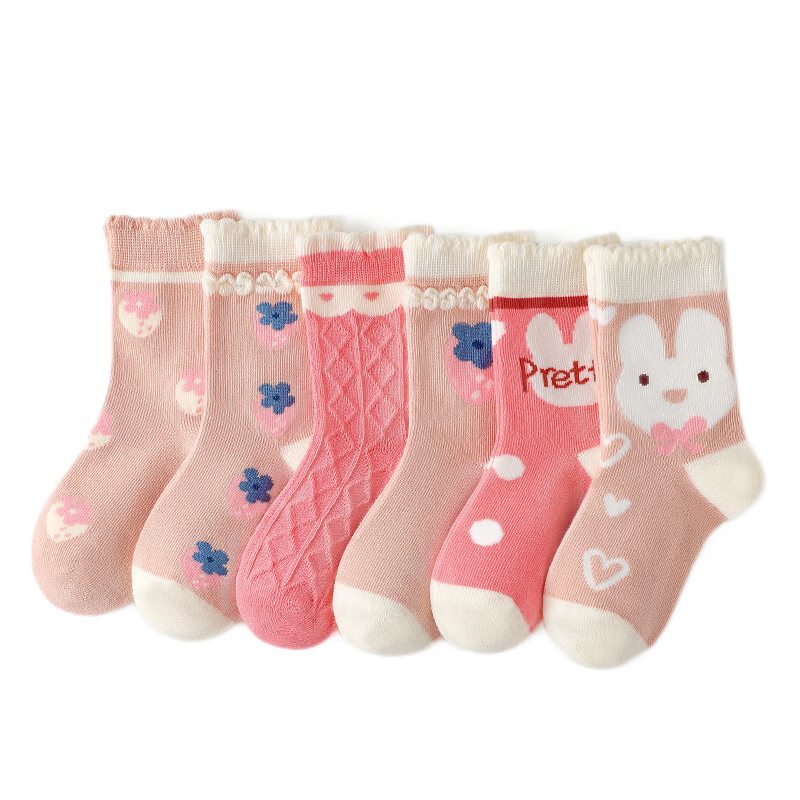 Bingxuemumian Children's Socks, Girls' Mid-Calf Socks for Autumn And Winter, 6 Pairs of Seamless Cotton Socks, Spring And Autumn Short Socks with Lace Trim for Small to Big Kids And Students