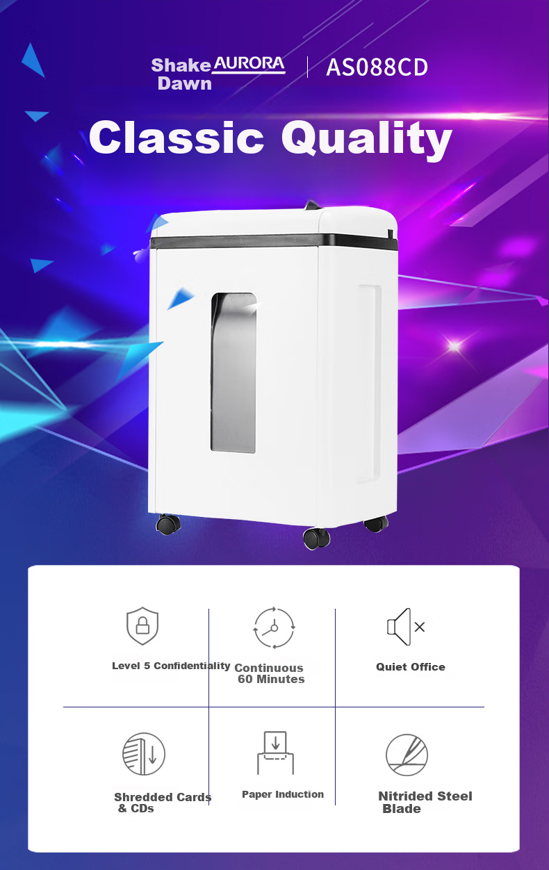 AURORA Level 5 Confidential Office Commercial Paper Shredder (8 Sheets Per Pass, 60 Minutes Continuous Operation, 22L Capacity, Can Shred Cards And CDs) AS088CD 1
