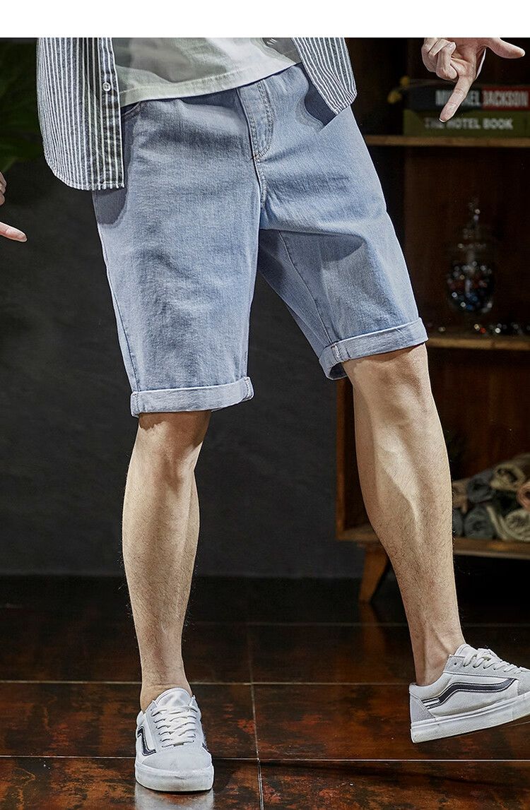 TonLion 2025 Spring Men's Versatile Cuffed Jeans Shorts, Mid-Length Shorts, Light Denim Blue, M 8