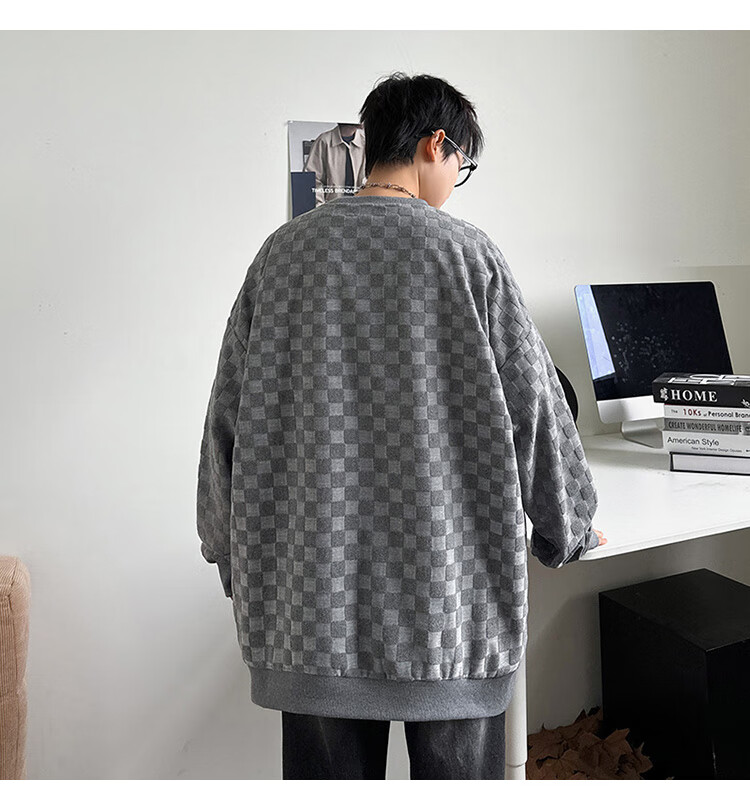 Dingfengbaoluo Japanese-Style Plaid Crew Neck Sweatshirt for Men, Spring Loose-Fitting High-End Casual Base Layer Top DFL77 Black XL 24