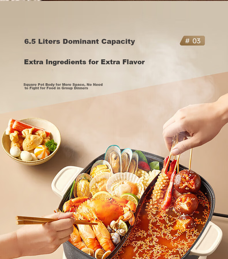 Bear Electric Hot Pot with Temperature Control Zones, Dual-Sided Hot Pot for Hotpot, Stackable Multi-Functional Pot for Home Use with Foldable Design And Storage, 50 Seconds Rapid Boiling DHG-F60N7 6