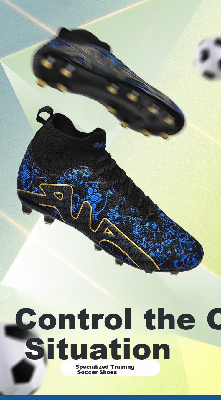 Double Star Bate Men's FG Soccer Shoes High-Top Training Shoes Professional Artificial Grass Adult Match Black Blue Size 44 3