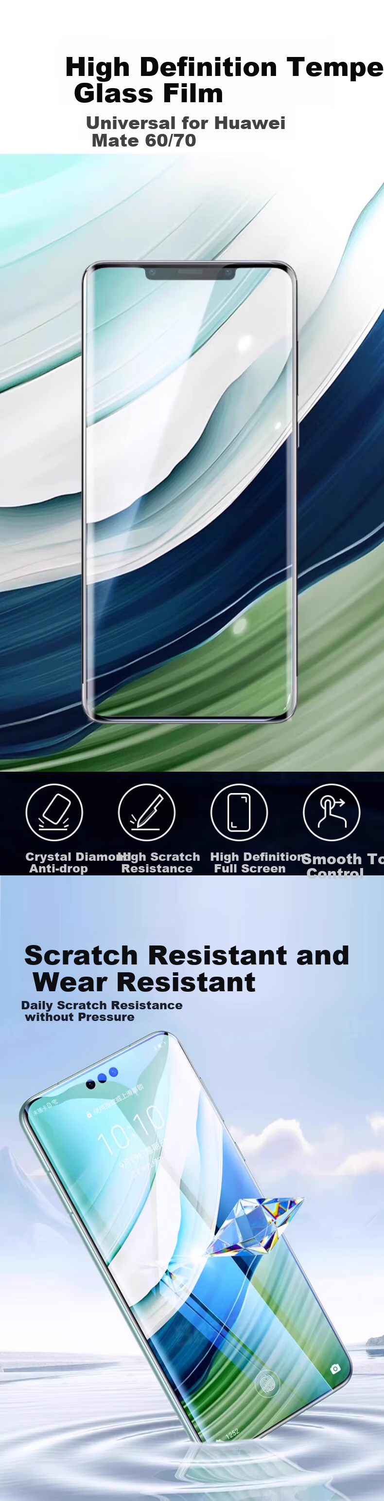 MAIKUQI Tempered Glass Screen Protector Compatible with Huawei Mate60/70, Full Coverage Anti-Fingerprint Glass Film - 2 Pack 1