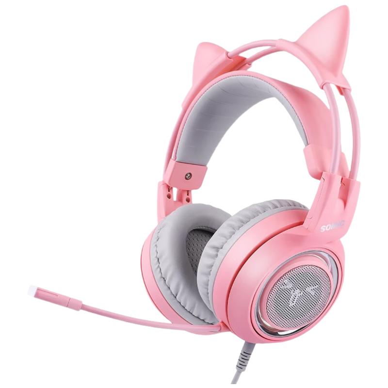 SOMIC G951s Pink Cute Cat Ear Headset, 3D Stereo Wired Gaming Headset, Wired PUBG Headphones with Microphone, Pink Black Purple Green Stylish Desig