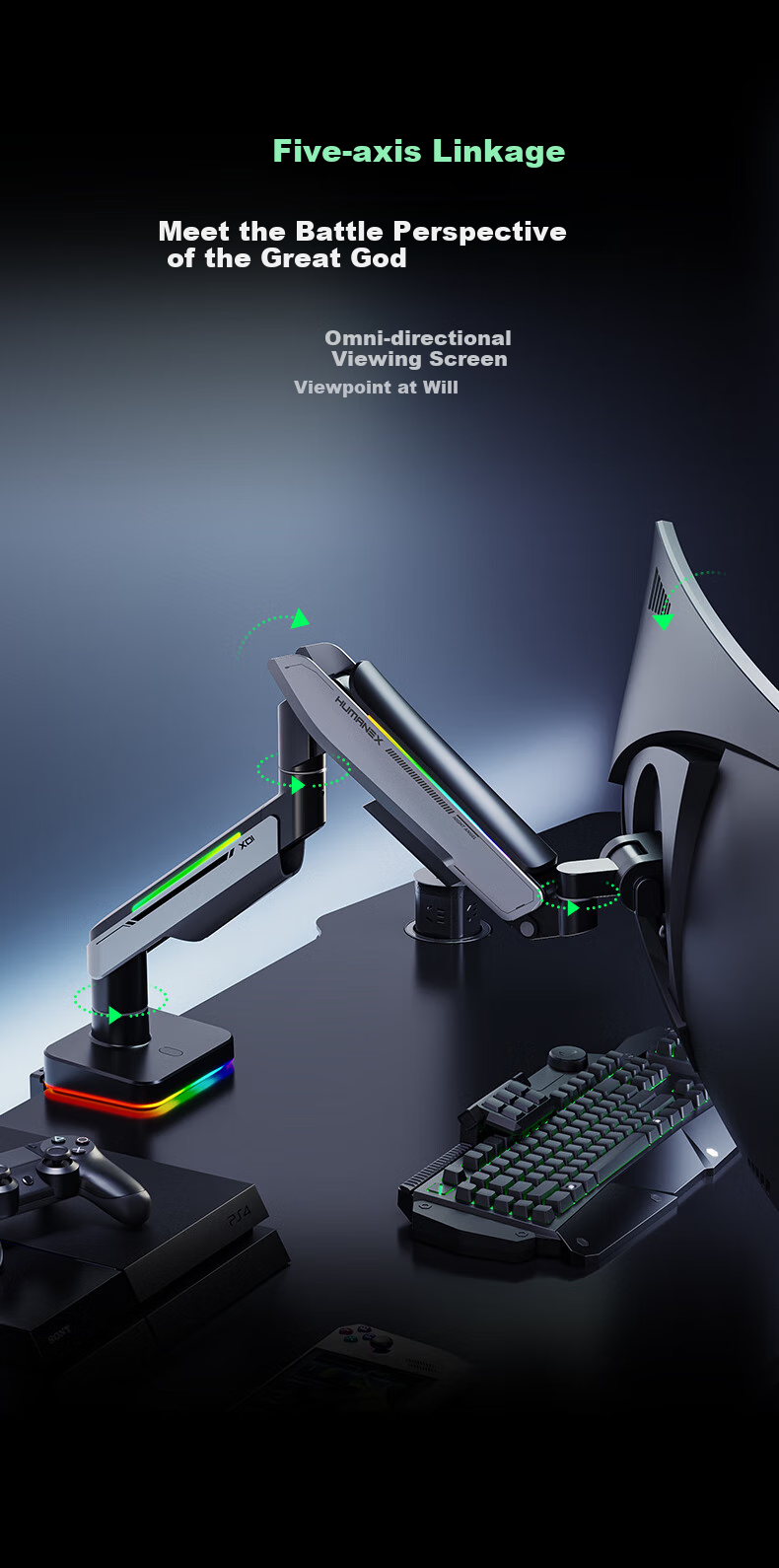 HUMANEX Monitor Stand, Computer Display Stand, Gaming RGB Mechanical Arm, Desktop Riser, Heavy-Duty Load Capacity of 18KG, Suitable for 17-45 Inch Screens, Dark Angel T18-1H 11