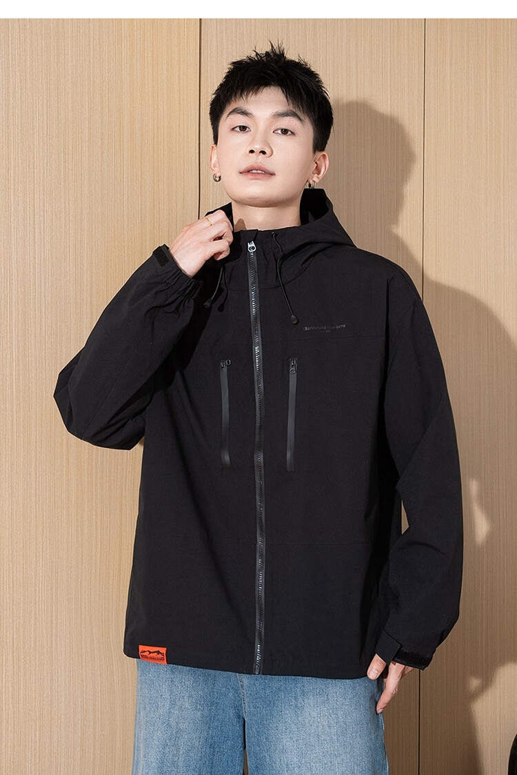 TonLion 2025 Spring Men's Hooded Front Chest Print Workwear Jacket, Black, M 9
