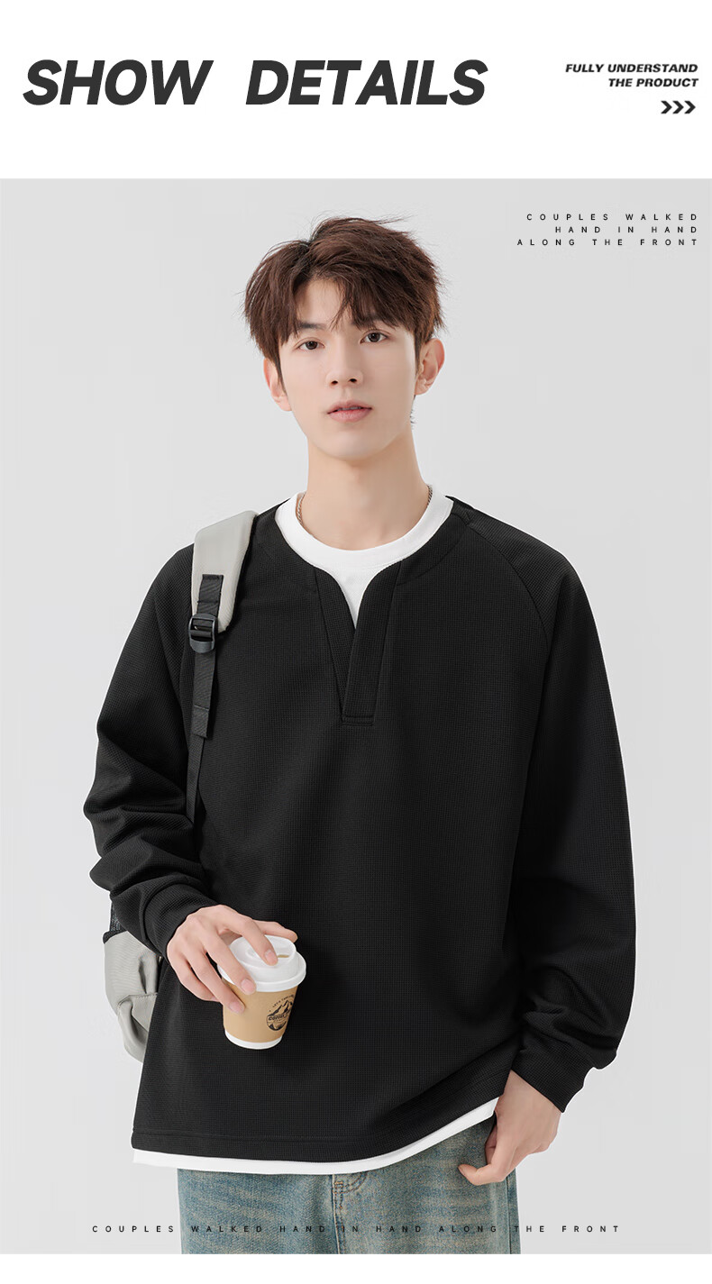 MMOPTOP Japanese-Style Color-Block Faux Two-Piece Crew Neck Sweatshirt, Spring And Autumn Men's Loose Comfortable Top, MWY15 Black XL 2