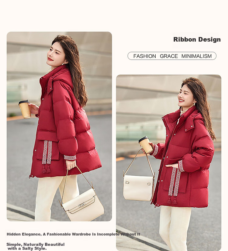 Dme [Free to Embrace Romance] Winter Warmth 90% Duck Down Hooded Jacket with Printed Tassels, Mid-Length Women's down Coat 6
