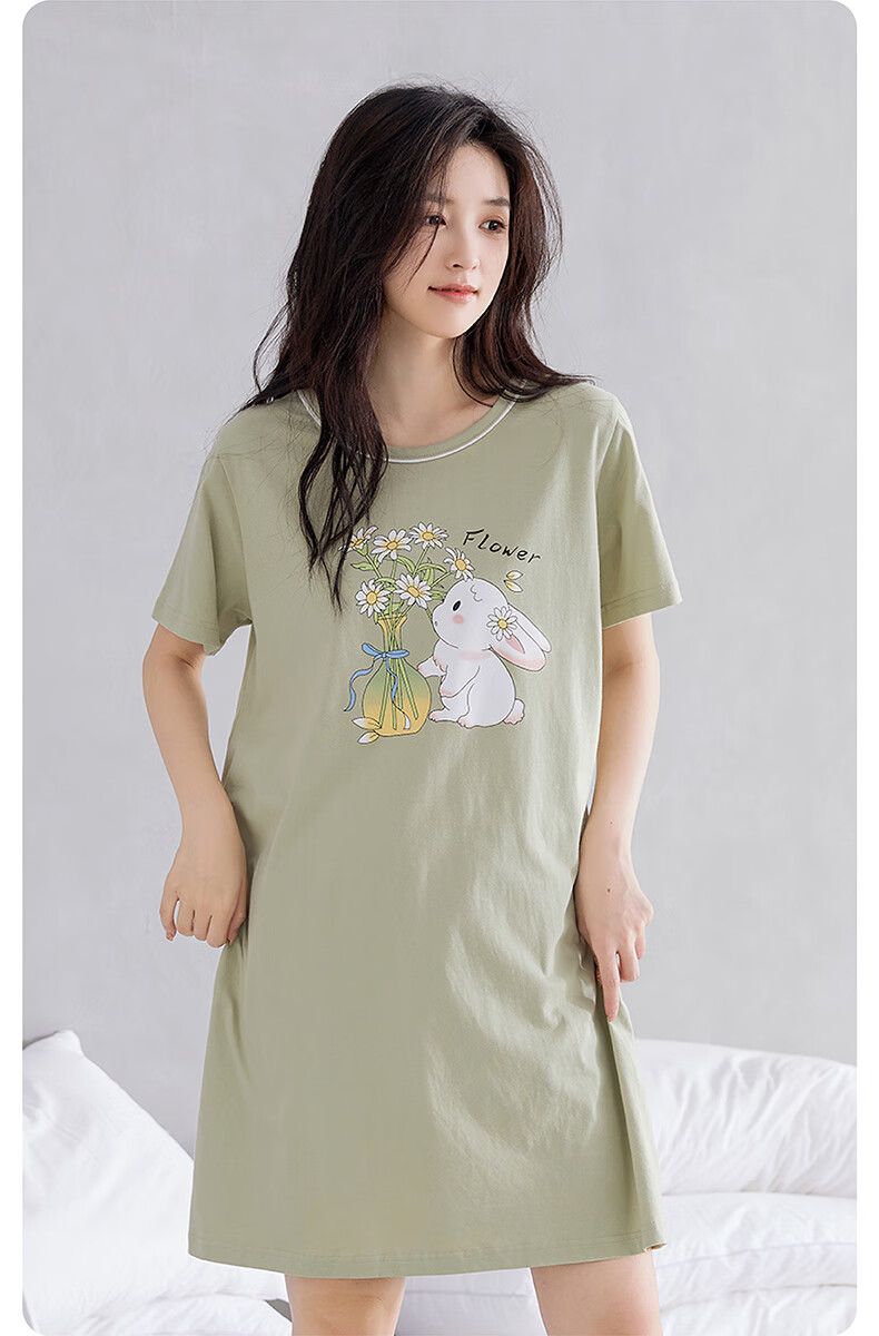 Fenteng Summer Lightweight Short-Sleeve Pure Cotton Loungewear, Plus Size Cute Pajamas, All-Cotton Women's Nightgown, Grass Green, XL 5