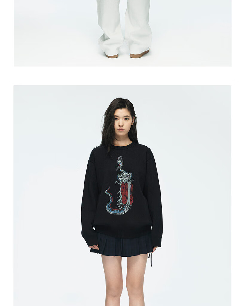 Heishenhua Yingshentu - Red Sweater, Blue-Black Color, Size L, Heishenhua Guokong Official Merchandise, Unisex Cotton Round Neck Pullover Loose Knit Sweater 8