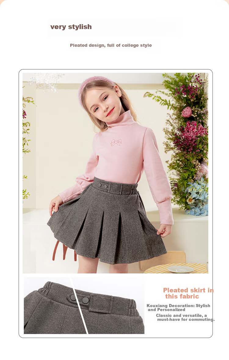 LUOBOBEIBEI Girls' Pleated Skirt, 2024 Autumn And Winter Korean Style Children's Preppy Style Girls' Woolen Midi Skirt, Floral Black, Size 110 3