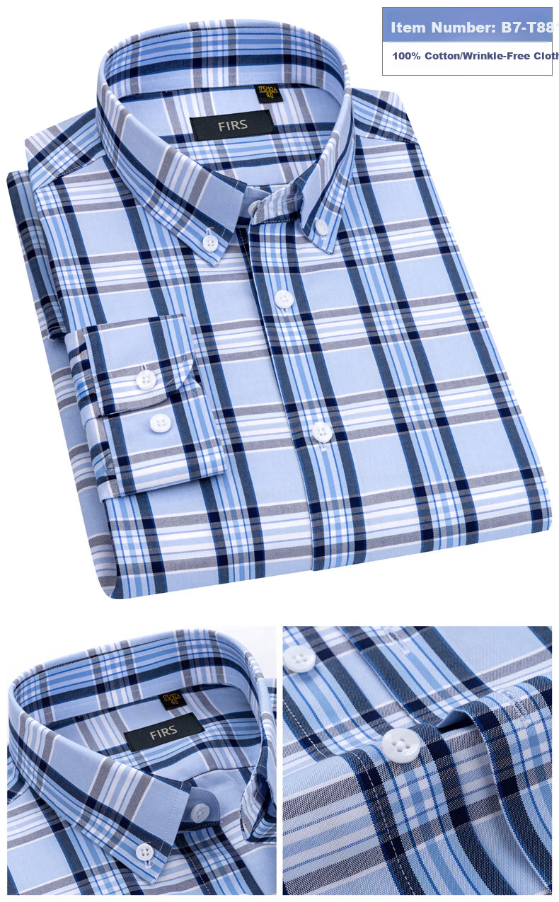 FIRS [DP Wrinkle-Free] Men's Long-Sleeve Shirt, Wrinkle-Free Business Casual Pure Cotton Shirt, A1-T882 Long-Sleeve Blue Plaid, Size 38 5
