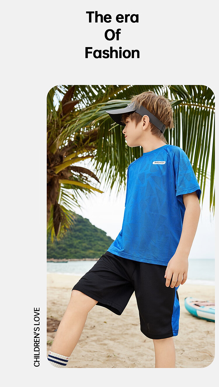 ASK JUNIOR Children's Clothing Set, Boys' Summer Outfit, Cool Thin Short-Sleeve T-Shirt And Shorts, Running Sports Two-Piece Set, Blue 29