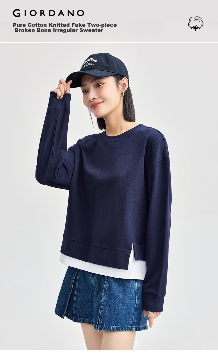 Giordano Women's Sweatshirt, Pure Cotton, Faux Two-Piece, Irregular Hem, Youthful Round Neck Pullover, Women's Style 13324734 3