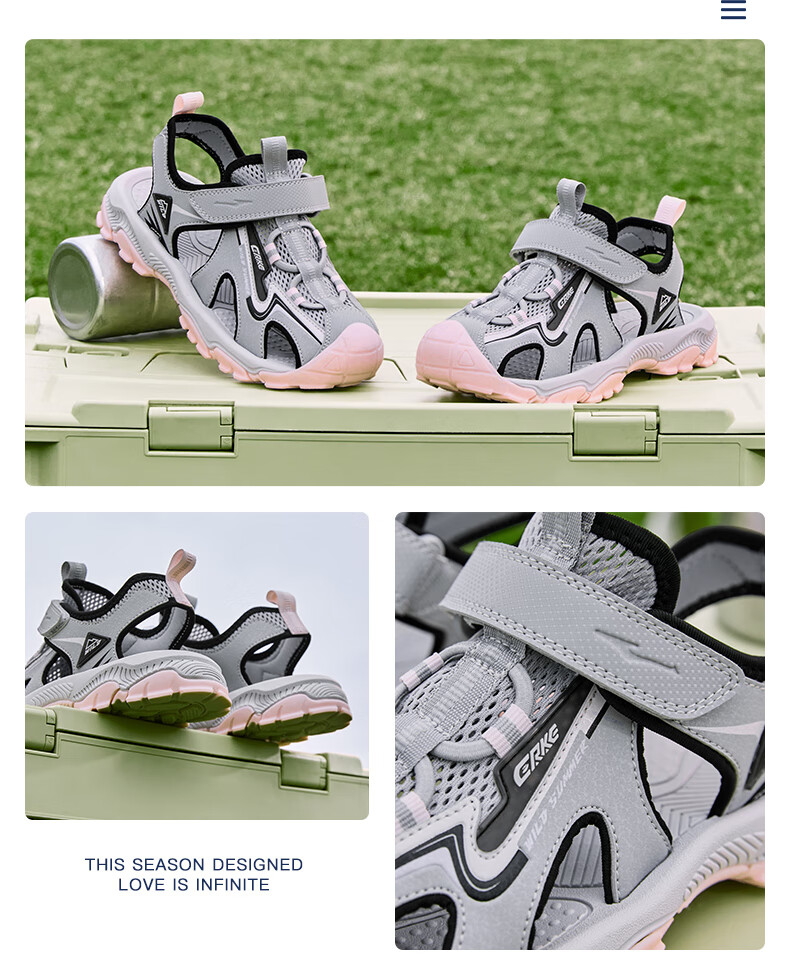ERKE Children's Shoes, Girls' Big And Small Kids Closed-Toe Sandals, Children's Velcro Outdoor Beach Shoes, Pure Pink/micro-Crystal White, Size 35 20
