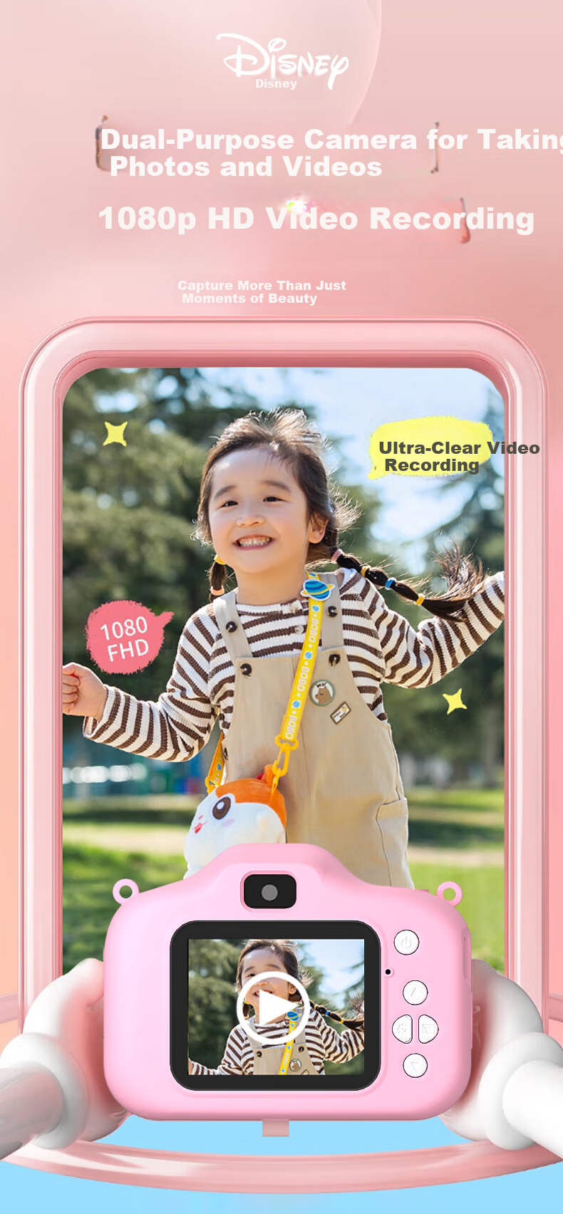 Disney Children's Digital Camera, Student Compact Camera, Pocket Camera for Photography And Travel, Dual-Lens Camera for Boys And Girls, Birthday Gift for Students, HD01 Minnie 4