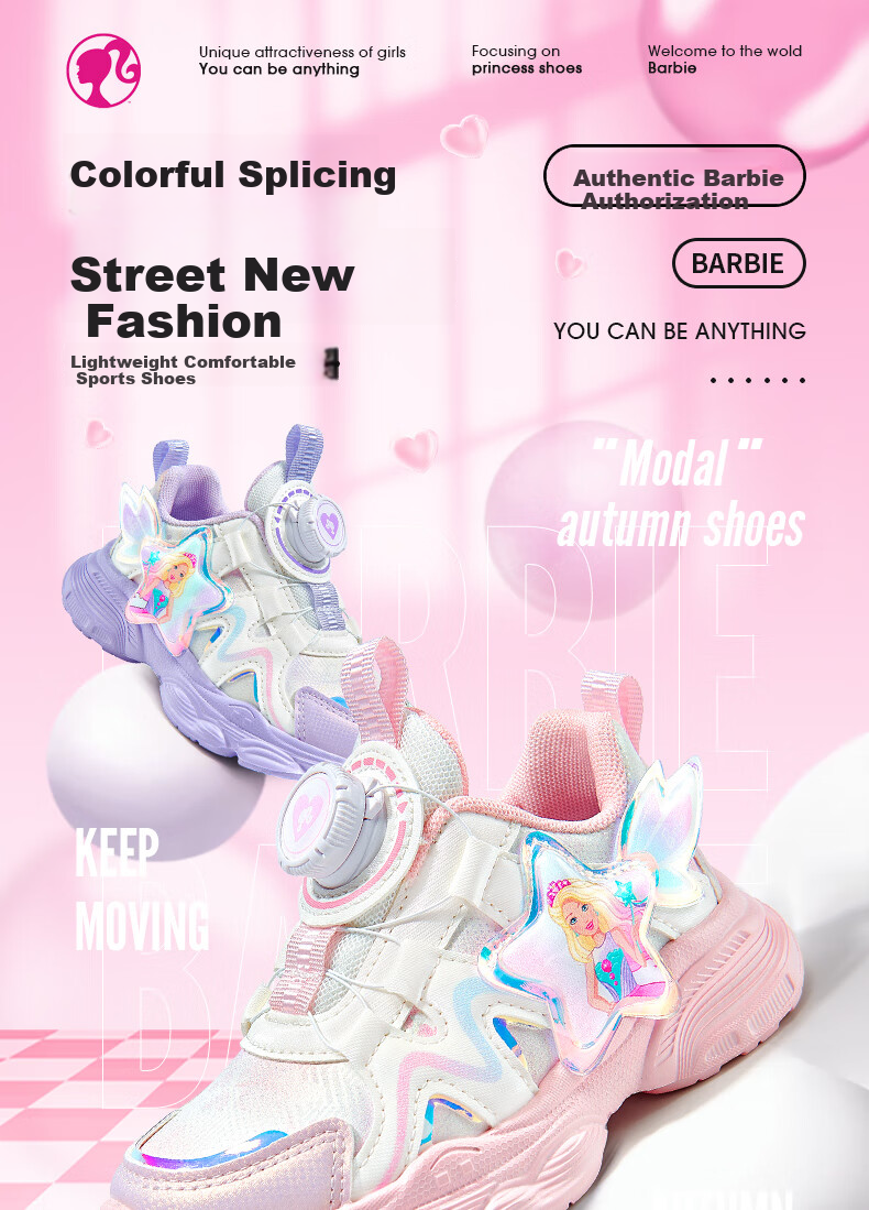 Barbie Girls' Spring And Autumn Single-Lining Princess-Style Sneakers with Rotary Buckle for Running, DA6703 Pink Size 30 1
