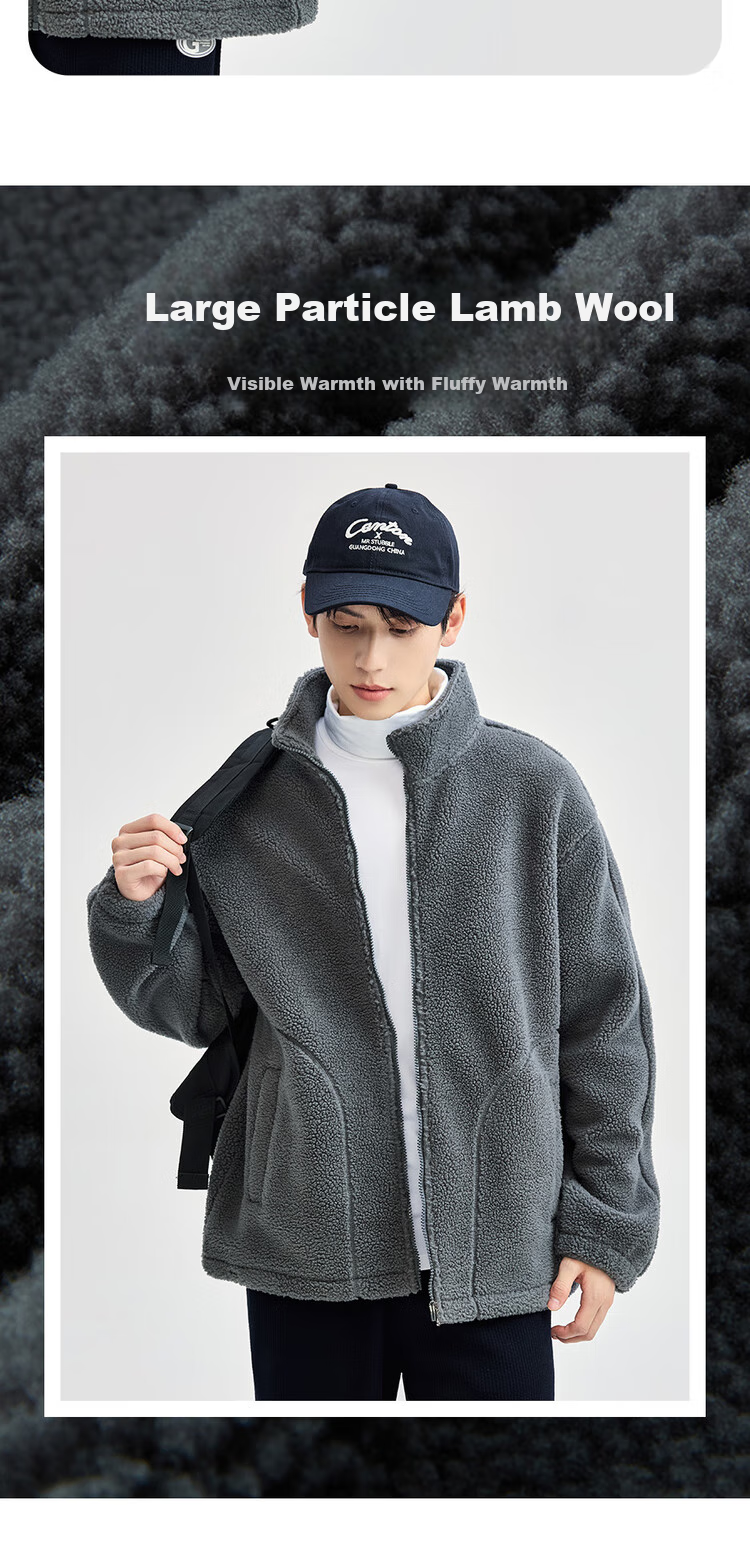 Giordano Fleece Jacket for Men, Faux Sherpa Warm Coat, Quilted Pocket, Stand Collar, Zipper Jacket for Men 01074857 5