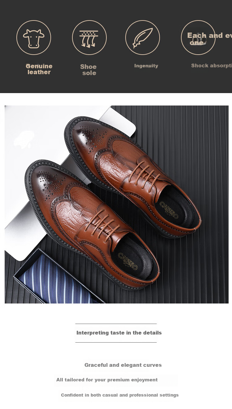 CARTELO Men's Leather Shoes, Brogue Derby Shoes, Business 2026 New Style Casual Genuine Leather Formal Shoes, Height-Increasing British Style Wedding Shoes 1