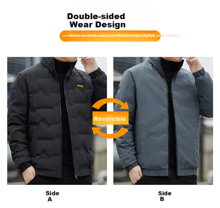 JEEP Men's Winter Short Down Jacket Casual Stand Collar Coat Warm Reversible Black 4XL 2