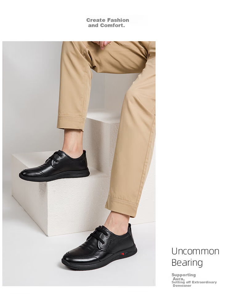 Aokang Casual Leather Shoes, Lace-Up Comfortable Soft-Soled Versatile Driving Loafers, Black, Size 39 8