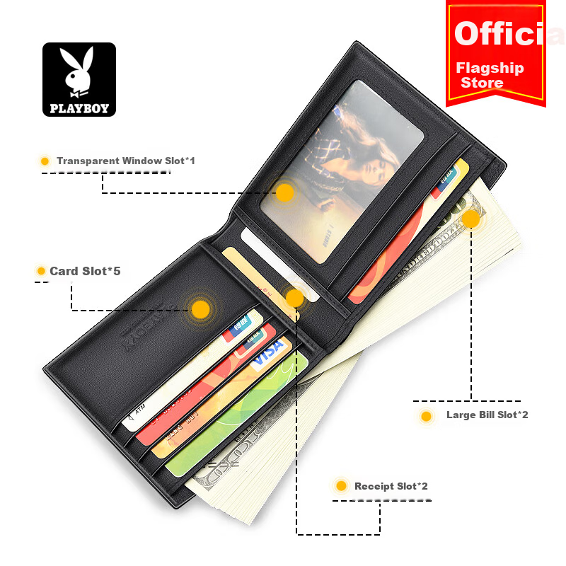 PLAYBOY Wallet, Men's Business Casual Short Horizontal Style, Card Holder, ID Card Holder, Bill Holder, Leather Wallet, Birthday Gift Box for Boyfriend
