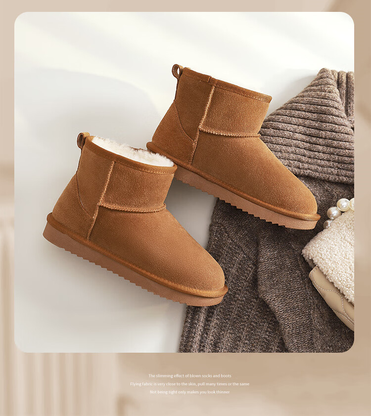 ZHR Snow Boots for Women, 2025 New Style, Fleece-Lined Warm Boots, Genuine Leather Waterproof Short Boots, Cotton Shoes for Women, Coffee Color, Size 35 34