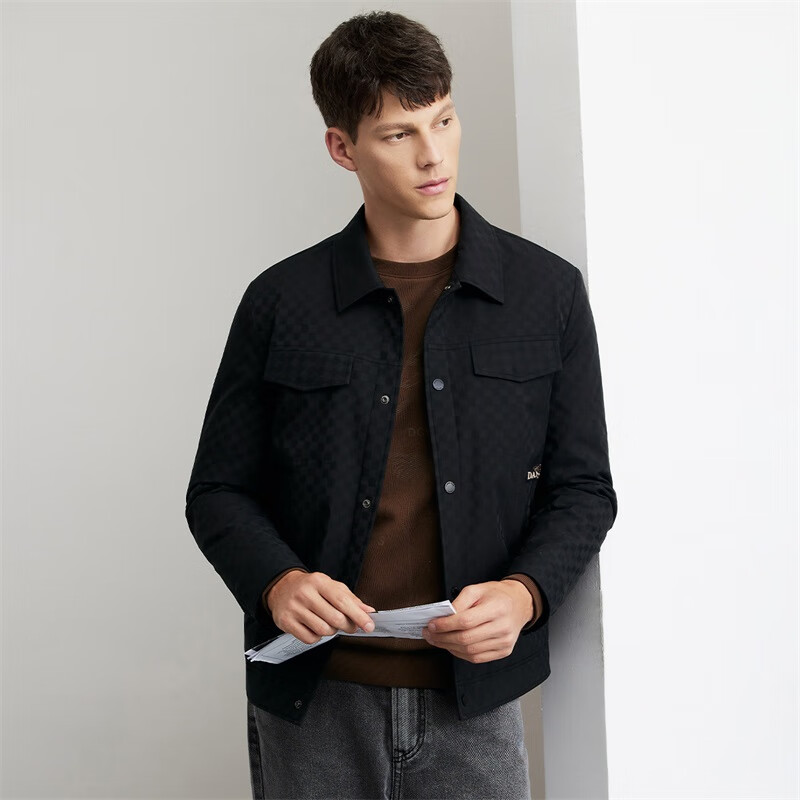 DANCING WOLVES [Trendy Checkered] Lapel Workwear Style Jacket, Easy-Care Men's Coat, 001 Black, S(165)