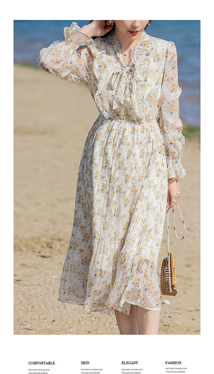 Dme [Ribbon Umbrella Skirt], Autumn Lotus Leaf Edge Umbrella Skirt, Lace X-Shaped Floral Print Midi Dress for Wome 4
