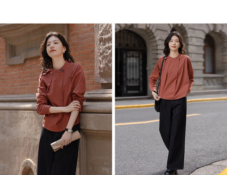 Dme [Pure Cotton Comfort Zone] Spring Chinese-Style New Chic Pleated Round Neck Shirt, Lazy-Fit Blouse Top 3