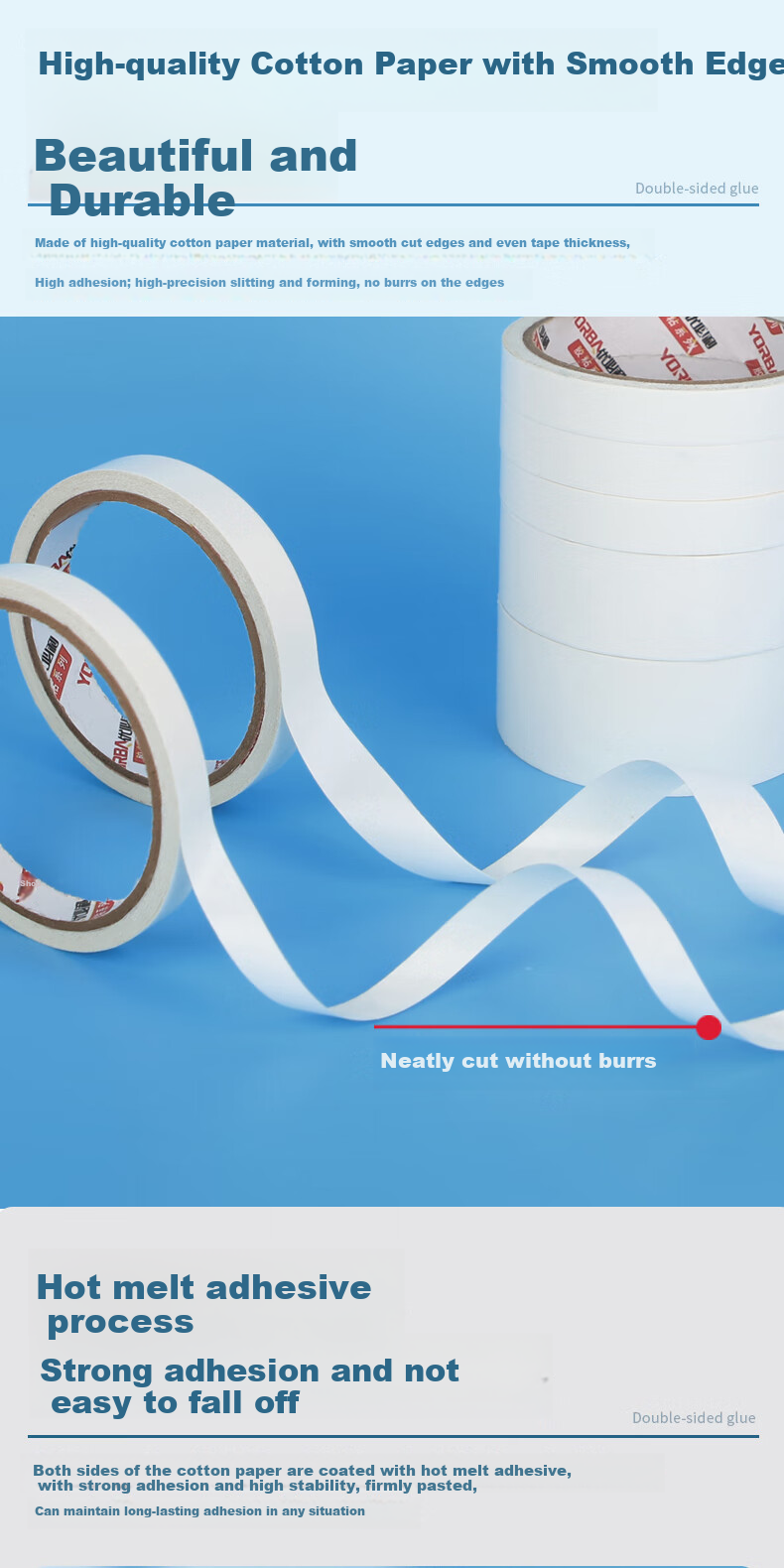 Youbili Strong Double-Sided Tape, High-Adhesive Cotton Paper Double-Sided Tape, 15mm*10y, 16 Rolls, 2251 3