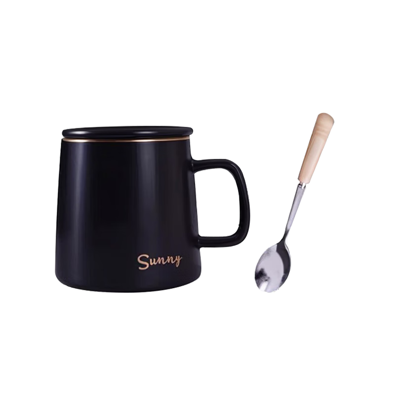 CLITON Ceramic Large Capacity Mug with Spoon and Lid Coffee Cup Milk Cup Breakfast Office Tea Cup Black 350ml