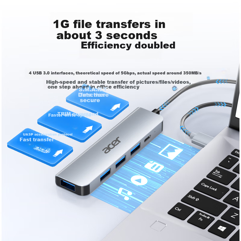 Acer USB3.0 Hub Expansion Dock, High-Speed 4-Port Hub Adapter for Laptops, Multi-Port Converter, Extension Cable with Type-C Power Supply
