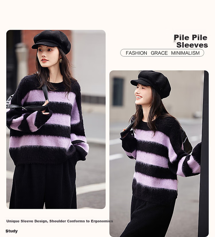 Dme Fashionable Casual Style Winter Round Neck Raglan Sleeve Faux Fur Striped Elegant Color-Block Knit Sweater Women's Top, Purple, L 5